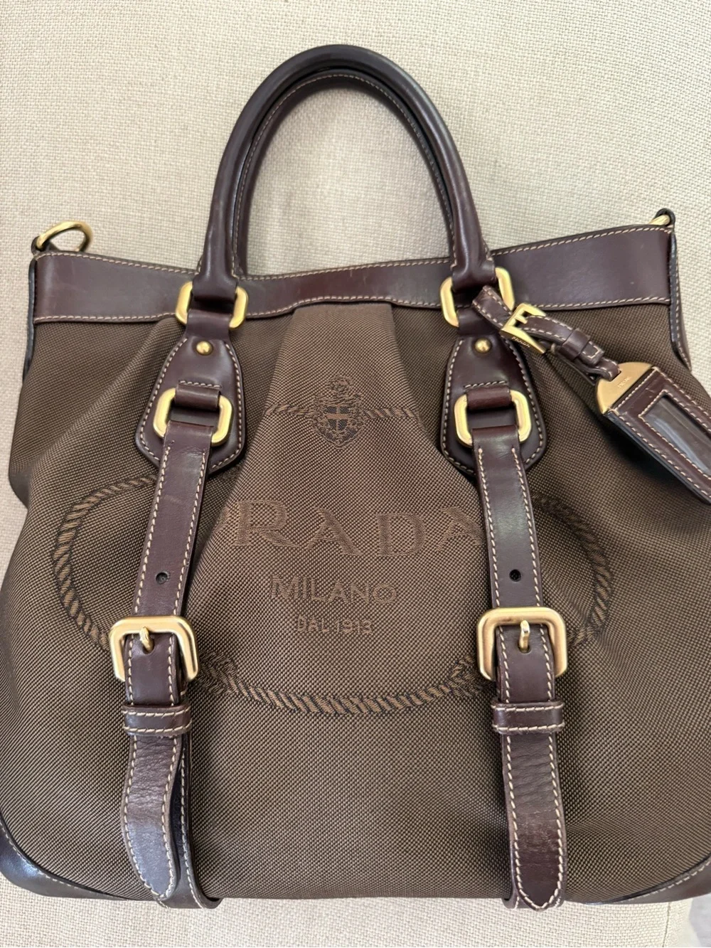 Prada Brown Canvas and Dark Brown Leather Crossbody Tote with Gold Hardware